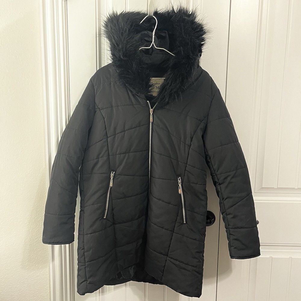 Maralyn & Me Juniors' Hooded Faux-Fur-Trim Puffer Coat Black Size XL‎ NWOT